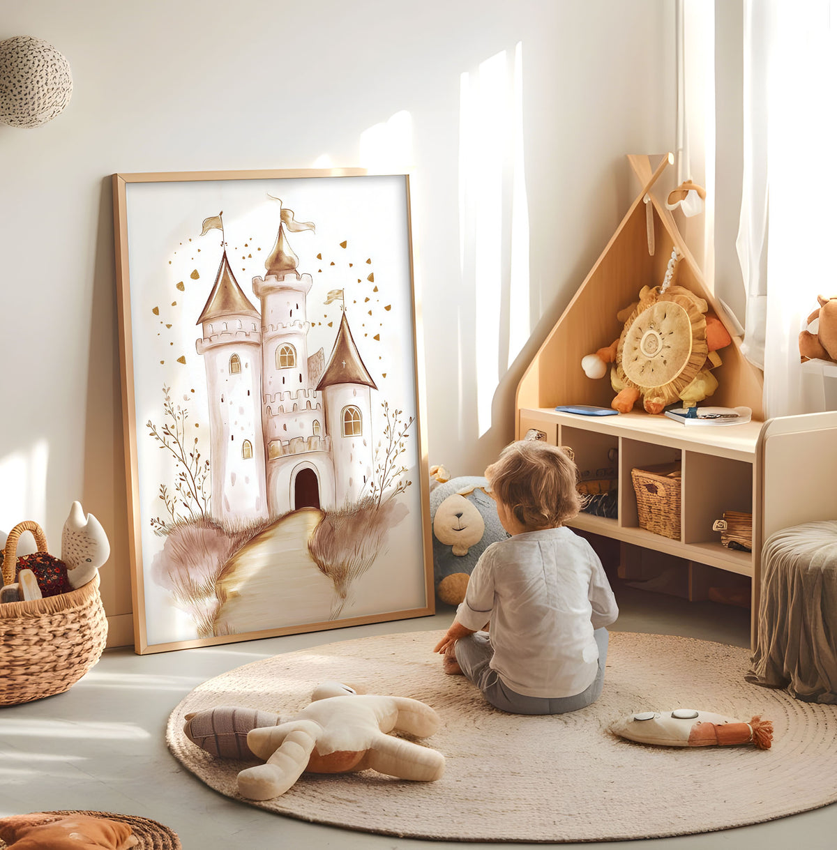 Fairytale castle kids wall art displayed in a bright nursery play space