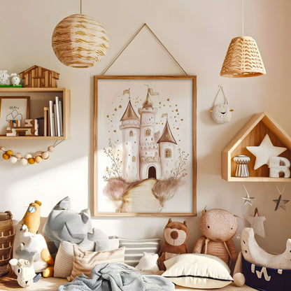 Fairytale castle nursery print displayed in a warm kids bedroom