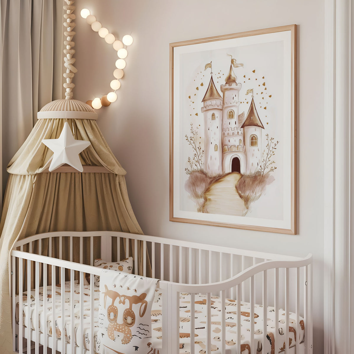 Fairytale castle nursery wall art displayed above a cot in a neutral baby room