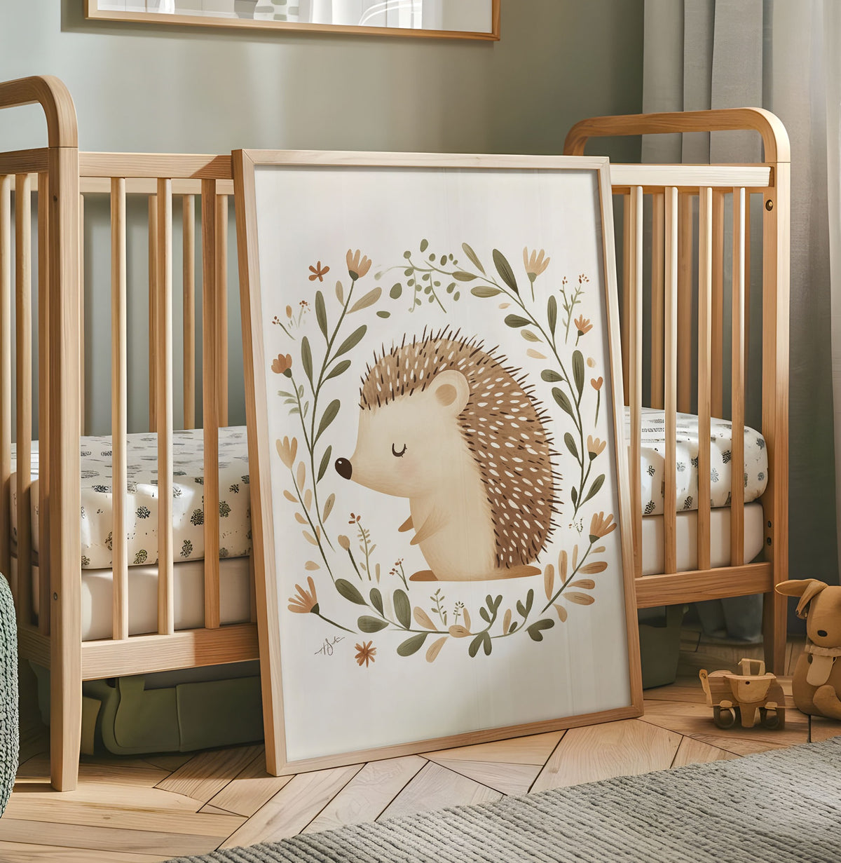 Woodland hedgehog nursery print with botanical leaves and flowers