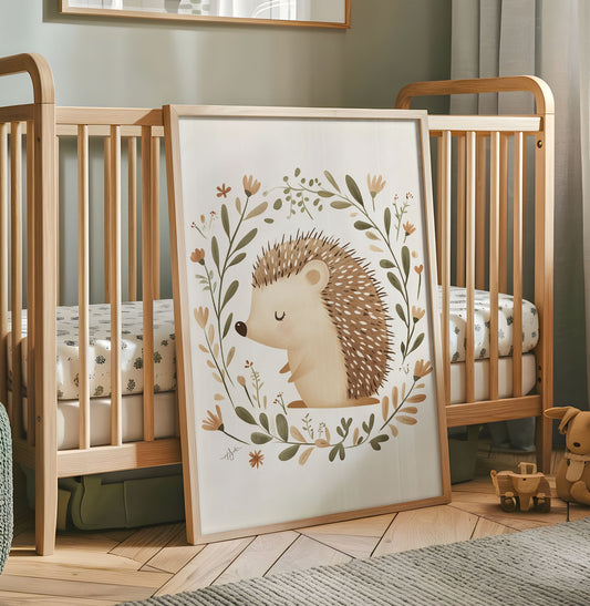 Woodland hedgehog nursery print with botanical leaves and flowers