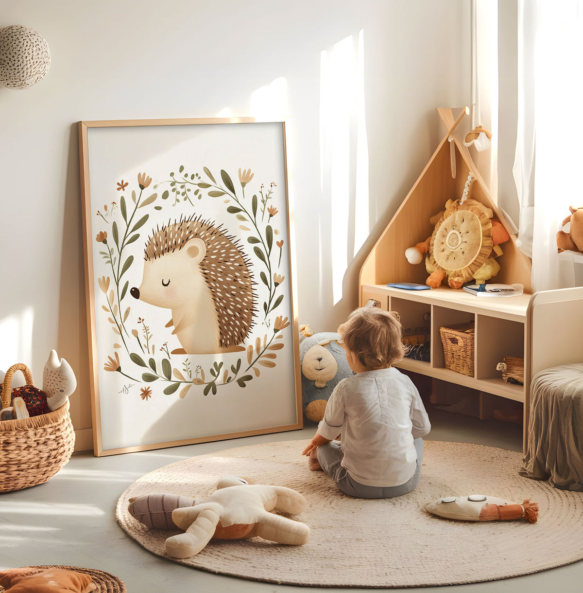 Hedgehog kids wall art displayed in a bright nursery play space