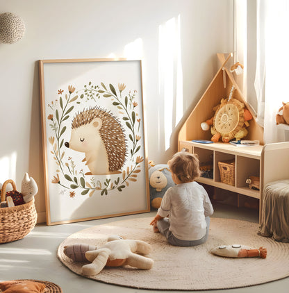 Hedgehog kids wall art displayed in a bright nursery play space