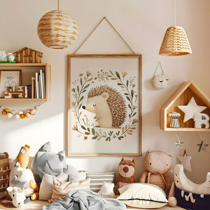 Woodland hedgehog nursery print displayed in a warm kids bedroom