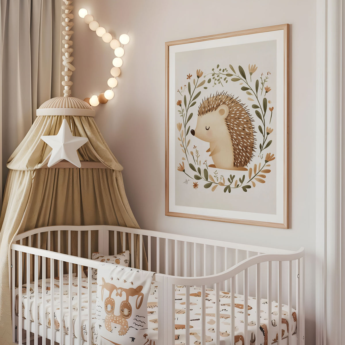 Hedgehog nursery wall art displayed above a cot in a neutral baby room