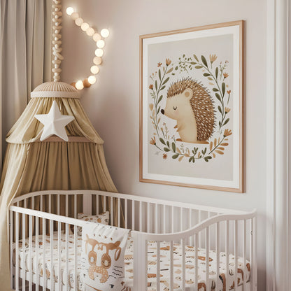 Hedgehog nursery wall art displayed above a cot in a neutral baby room