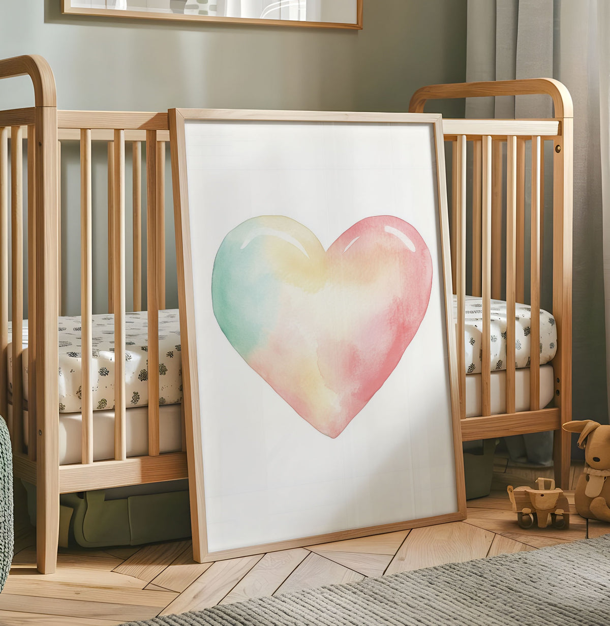 Pastel watercolour heart nursery print in pink mint and yellow tones
