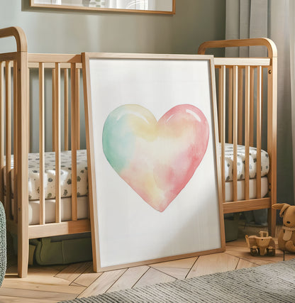 Pastel watercolour heart nursery print in pink mint and yellow tones