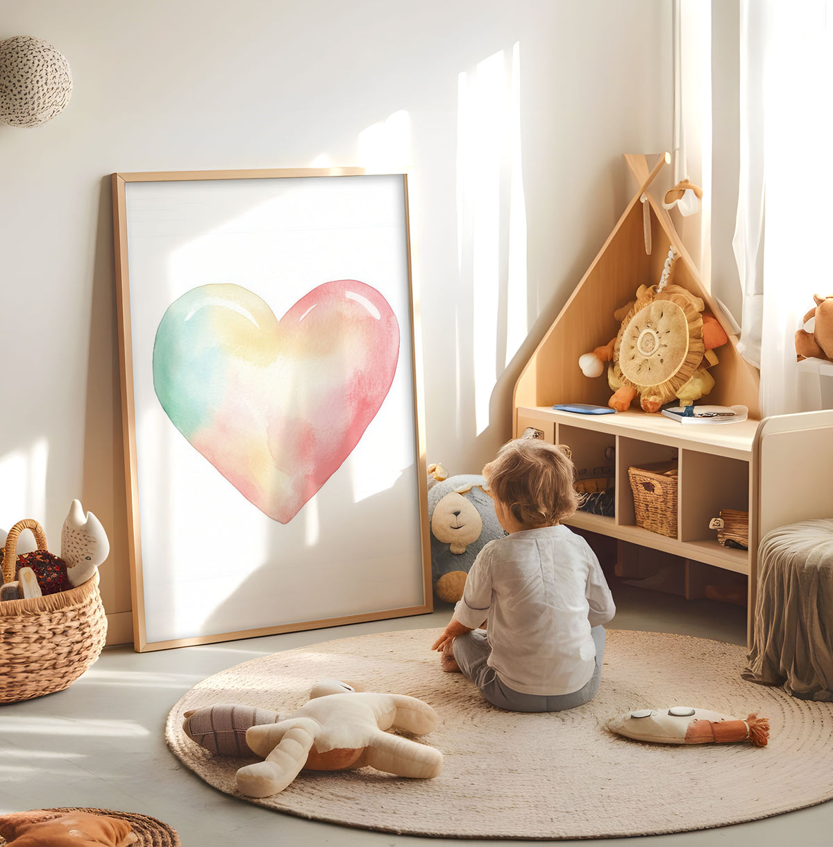 Pastel heart kids wall art displayed in a bright nursery play space