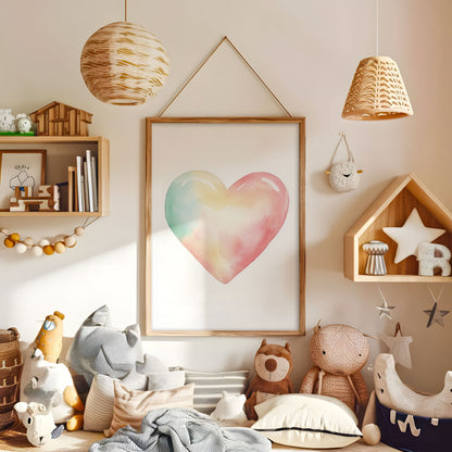 Pastel watercolour heart nursery print displayed in a warm kids bedroom