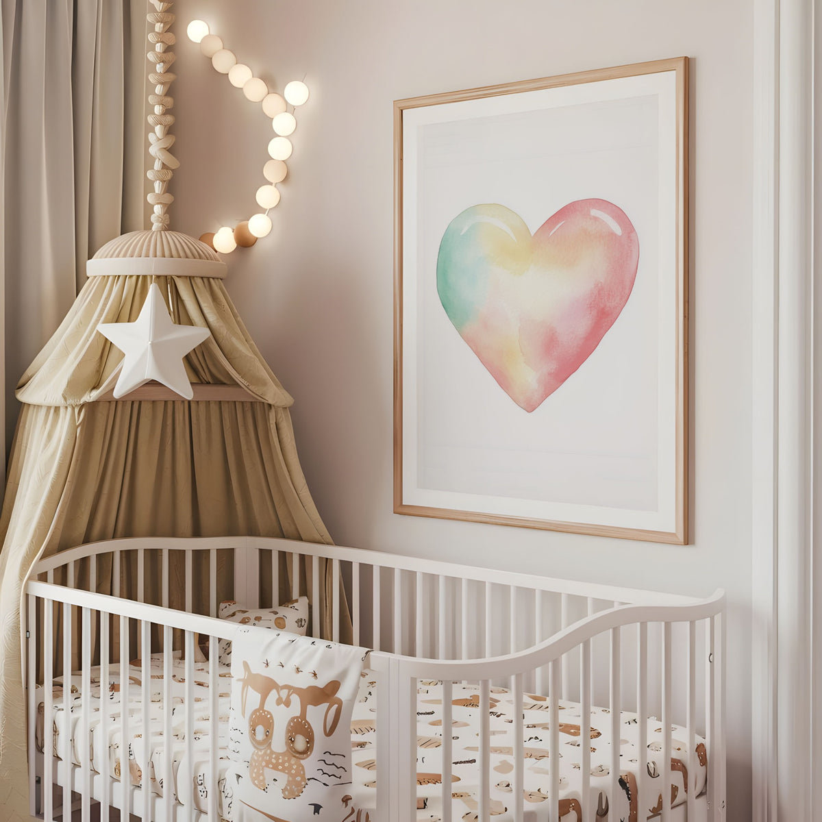 Pastel heart nursery wall art displayed above a cot in a neutral baby room