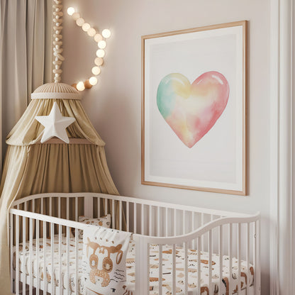 Pastel heart nursery wall art displayed above a cot in a neutral baby room