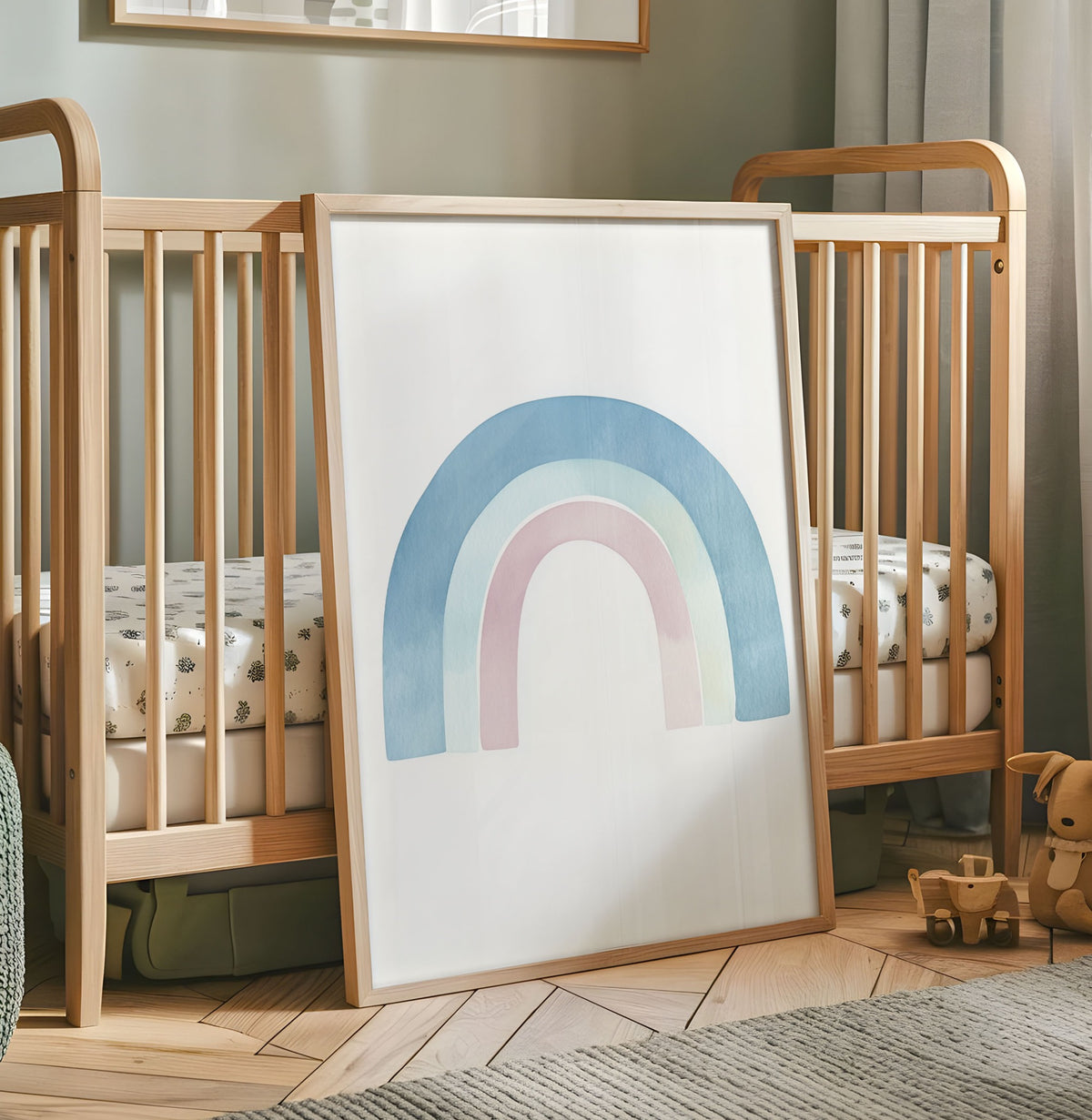 Pastel rainbow nursery print in soft blue mint and pink watercolour tones