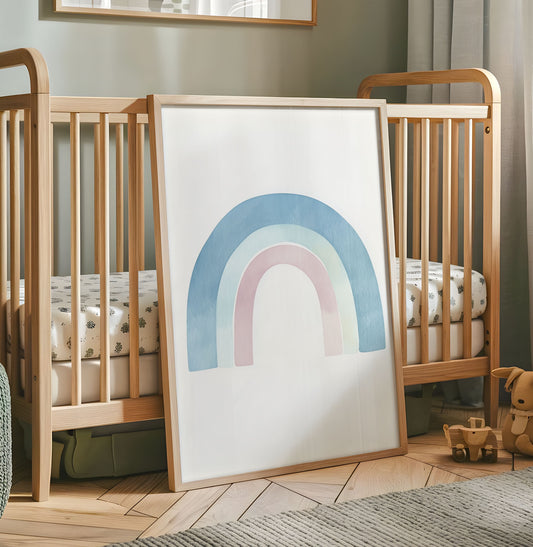 Pastel rainbow nursery print in soft blue mint and pink watercolour tones