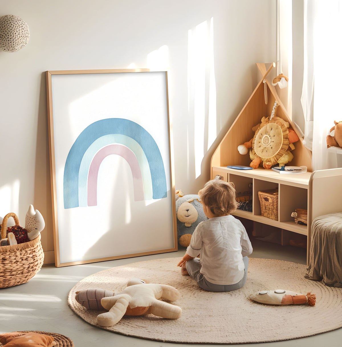 Pastel rainbow kids wall art displayed in a bright nursery play space
