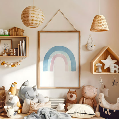 Pastel rainbow nursery print displayed in a warm kids bedroom