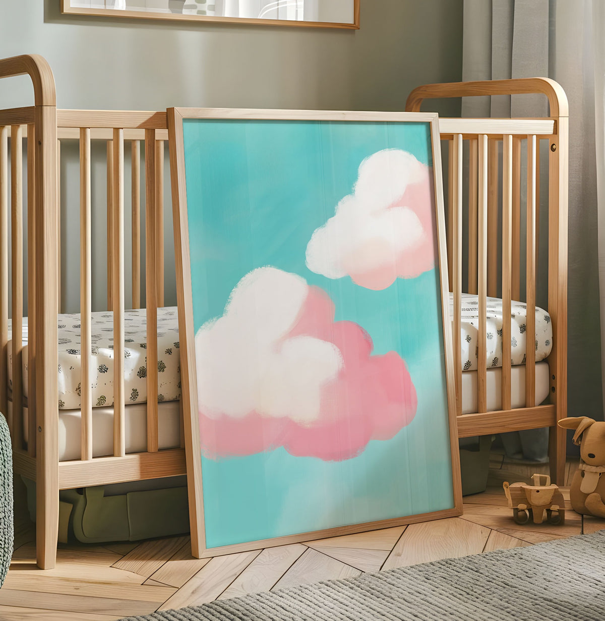 Pink and white clouds nursery print on a bright aqua blue sky