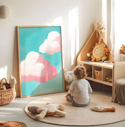 Pink cloud kids wall art displayed in a bright nursery play space