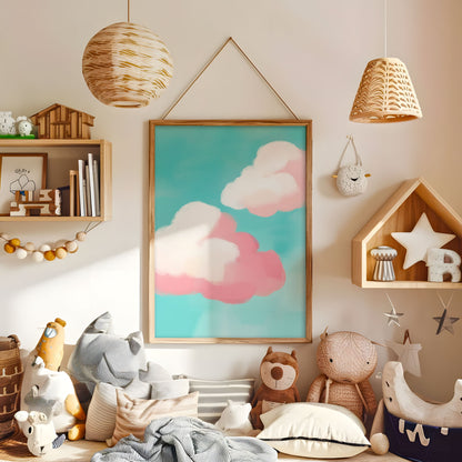 Pink and white cloud nursery print displayed in a warm kids bedroom