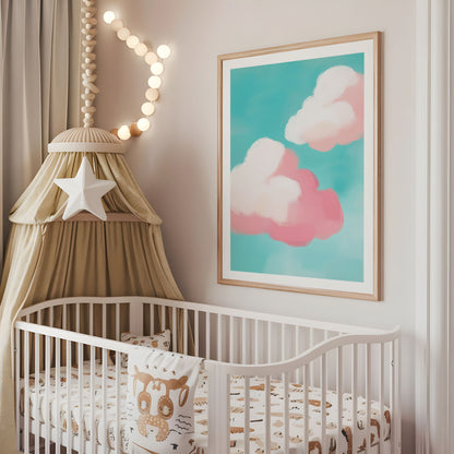 Pink cloud nursery wall art displayed above a cot in a neutral baby room