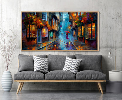 York Shambles Art Print – Rainy York Wall Art – Colourful Umbrella Panoramic Print