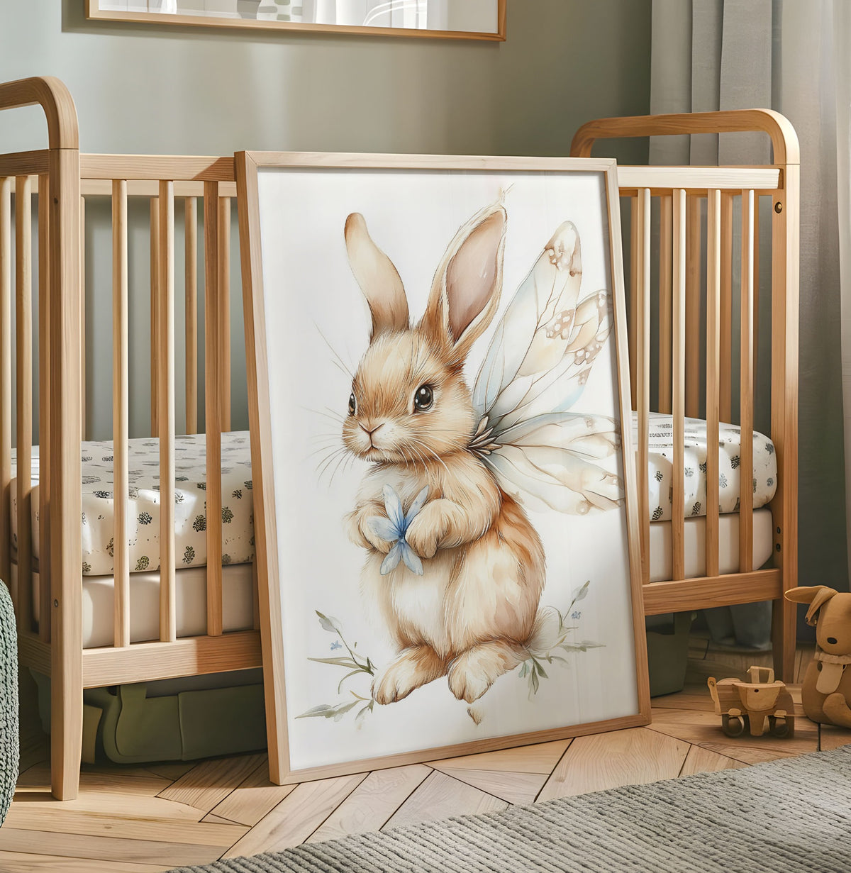 Fairy bunny nursery print with delicate wings and a small blue flower