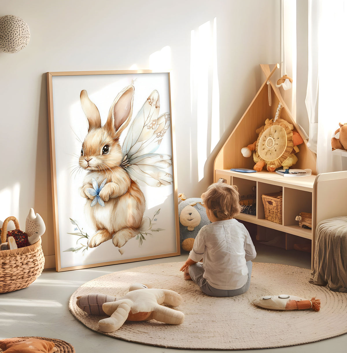 Fairy bunny kids wall art displayed in a bright nursery play space