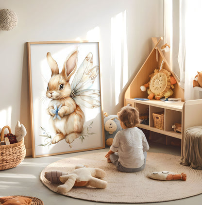 Fairy bunny kids wall art displayed in a bright nursery play space