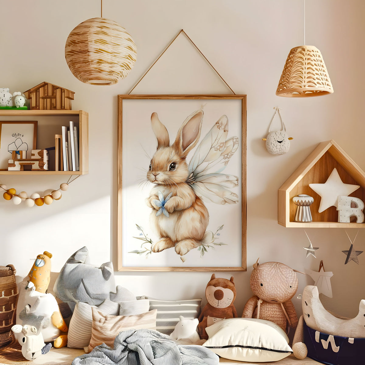 Fairy rabbit nursery print displayed in a warm kids bedroom
