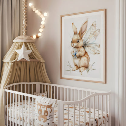 Fairy bunny nursery wall art displayed above a cot in a neutral baby room
