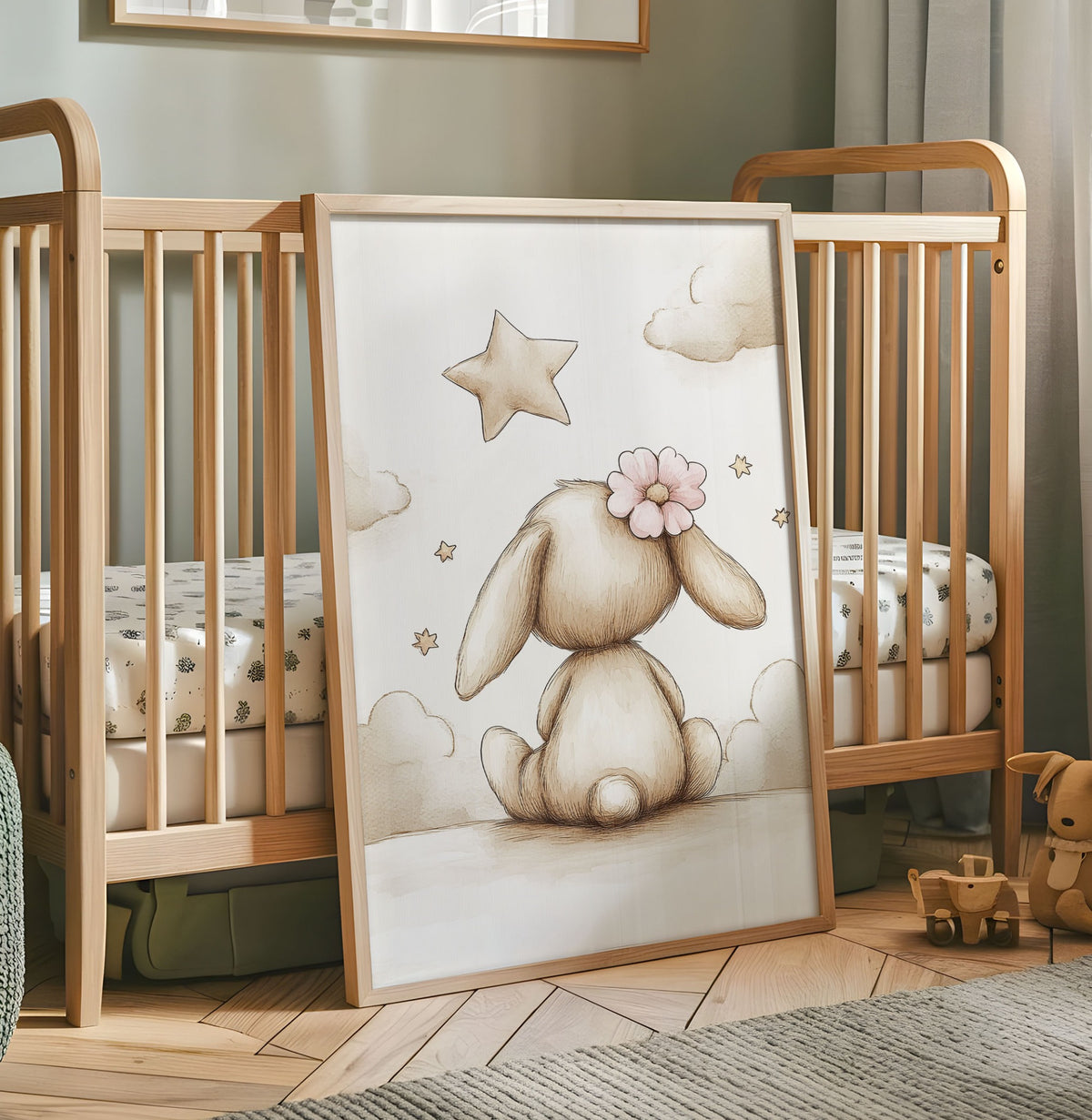 Cute bunny nursery print from behind with pink flower stars and soft clouds
