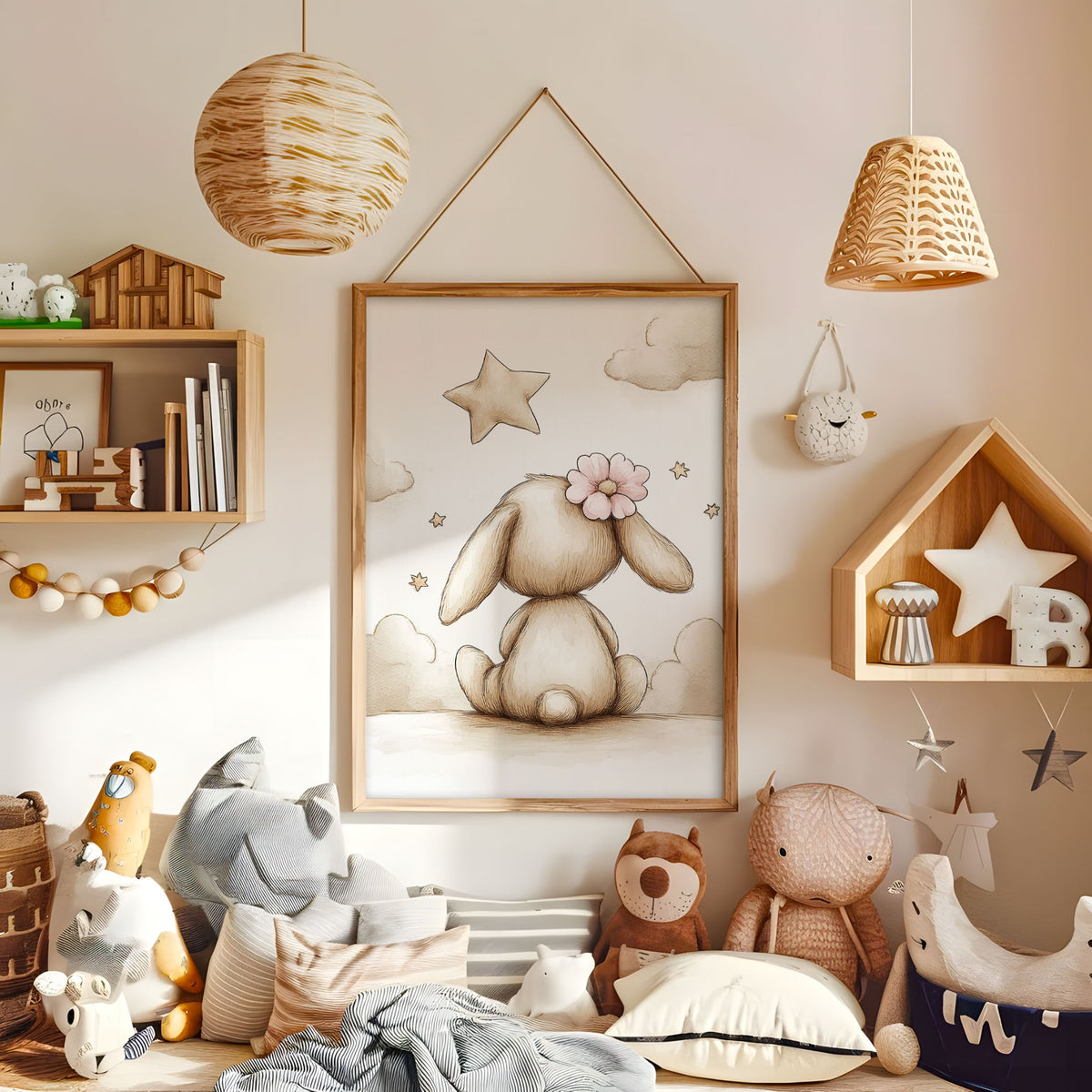 Bunny nursery print with flower and stars displayed in a warm kids bedroom