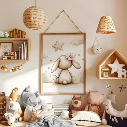 Bunny nursery print with flower and stars displayed in a warm kids bedroom
