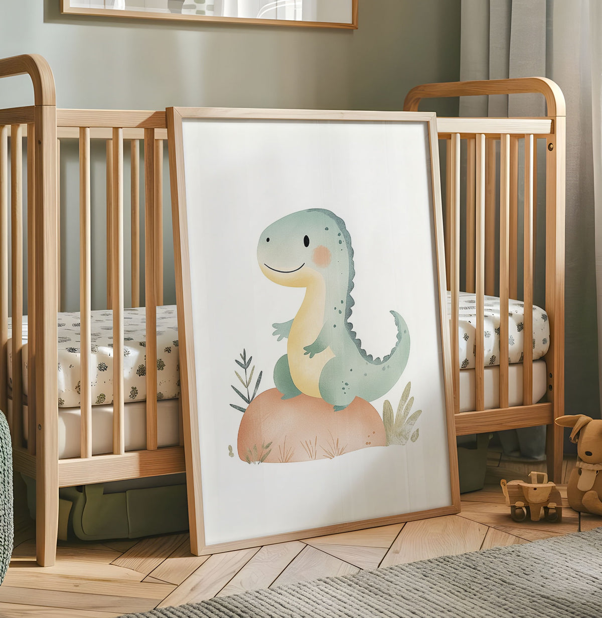 Cute green dinosaur nursery print in soft pastel watercolour tones