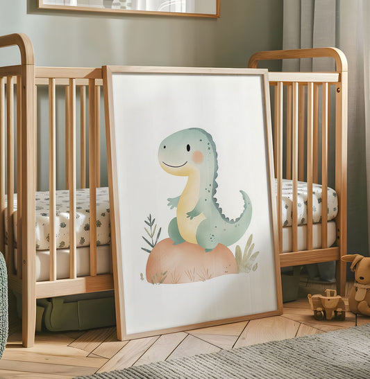 Cute green dinosaur nursery print in soft pastel watercolour tones