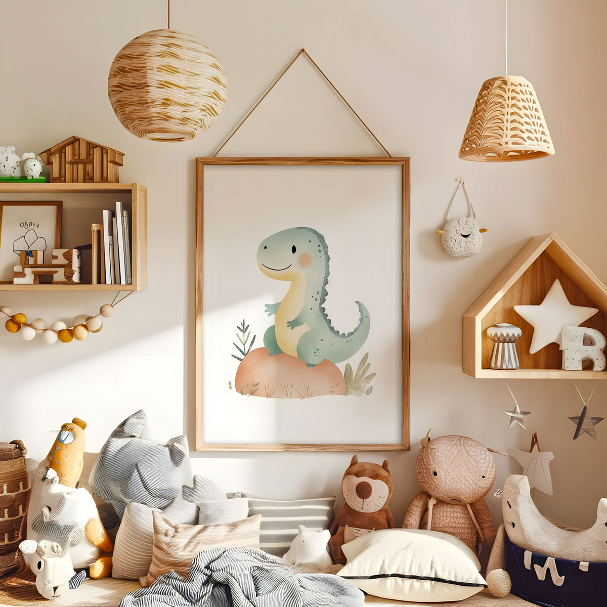 Green dinosaur nursery print displayed in a warm kids bedroom