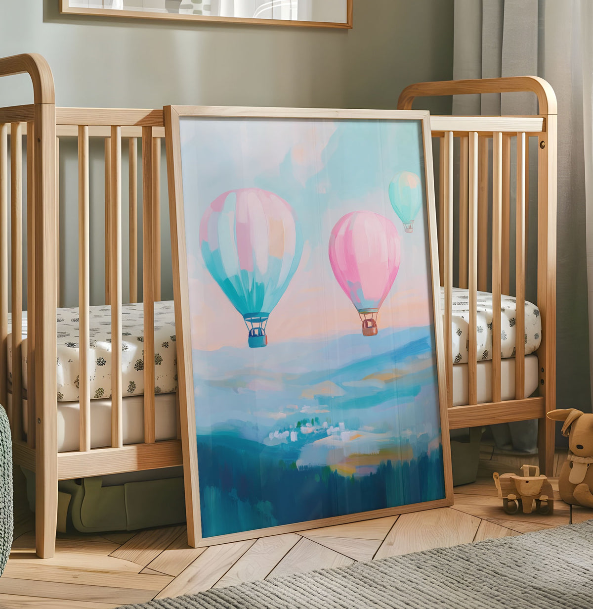 Pastel hot air balloon nursery print with pink blue and aqua balloons