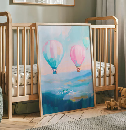 Pastel hot air balloon nursery print with pink blue and aqua balloons