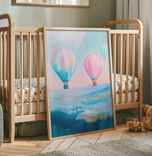 Pastel hot air balloon nursery print with pink blue and aqua balloons
