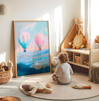 Pastel hot air balloon kids wall art displayed in a bright nursery play space