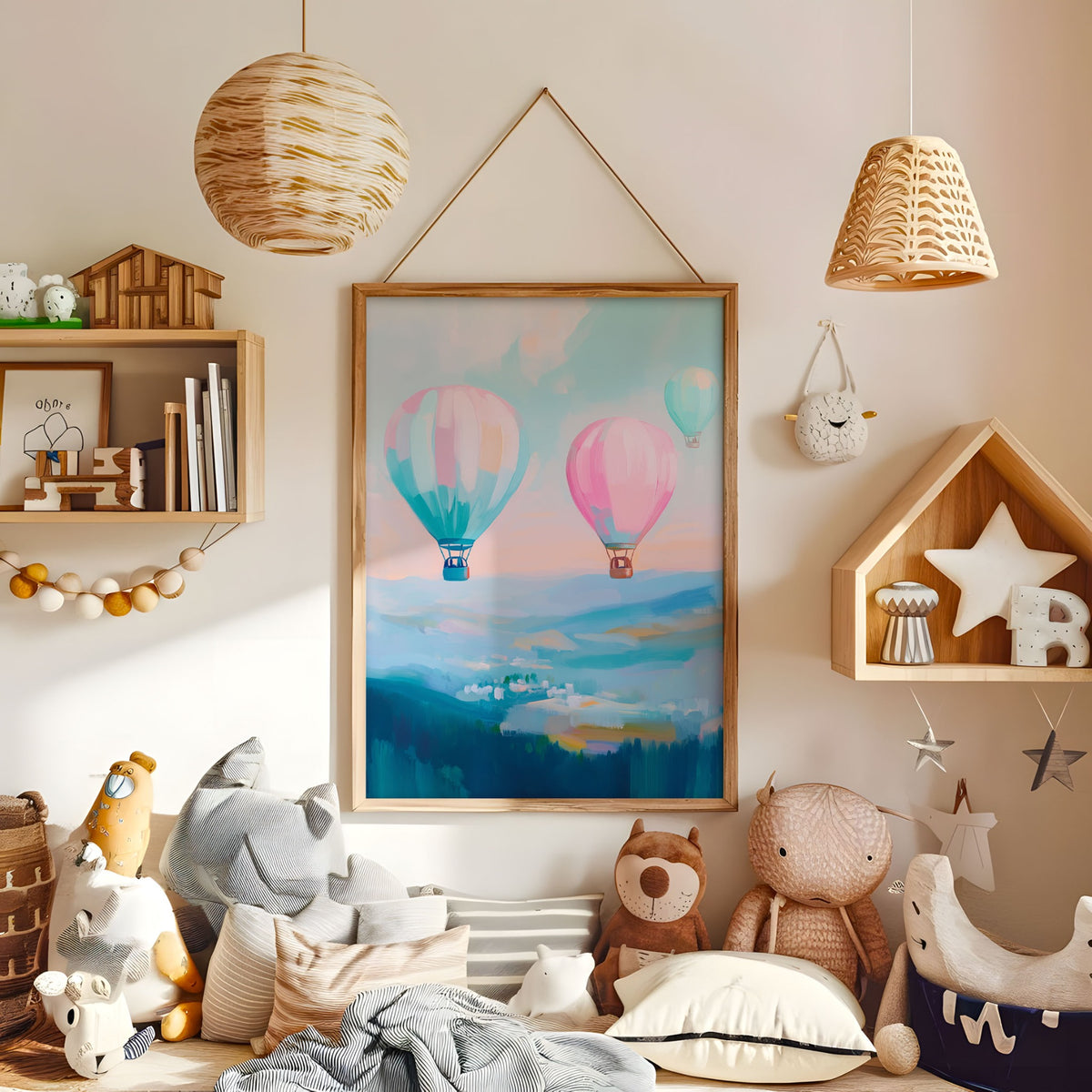 Pastel hot air balloon nursery print displayed in a warm kids bedroom