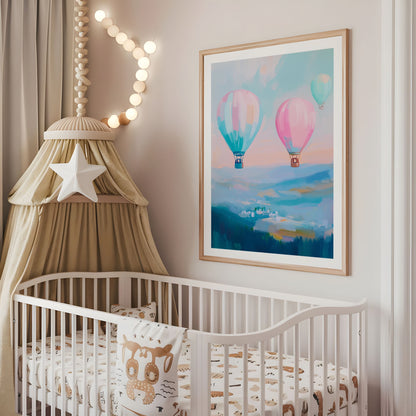 Hot air balloon nursery wall art displayed above a cot in a neutral baby room