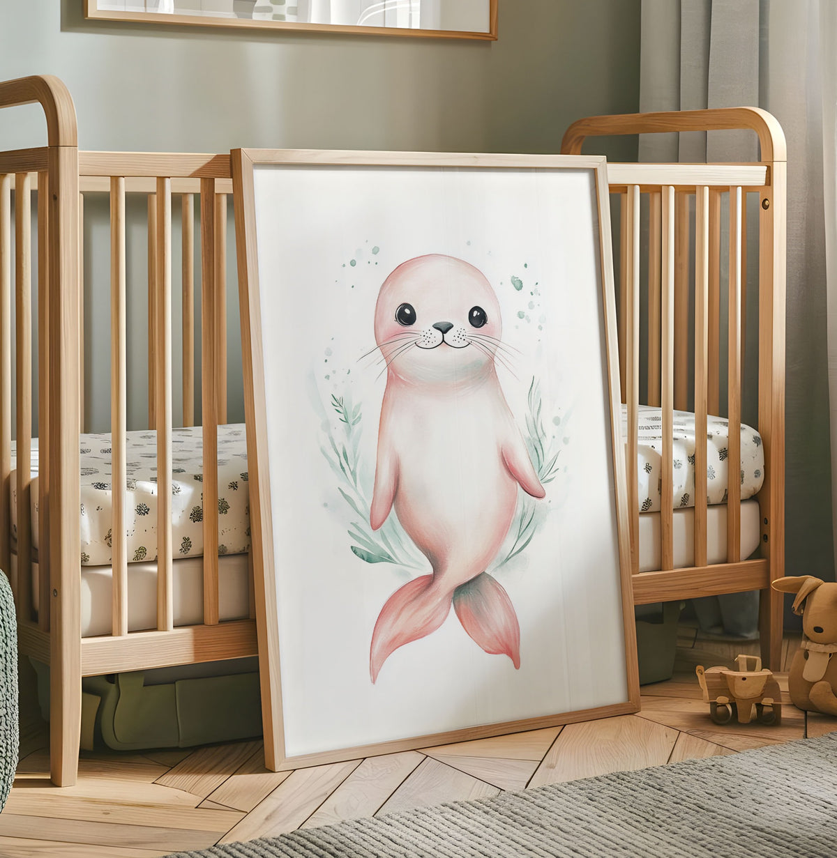 Cute pink seal nursery print with soft green seaweed watercolour details