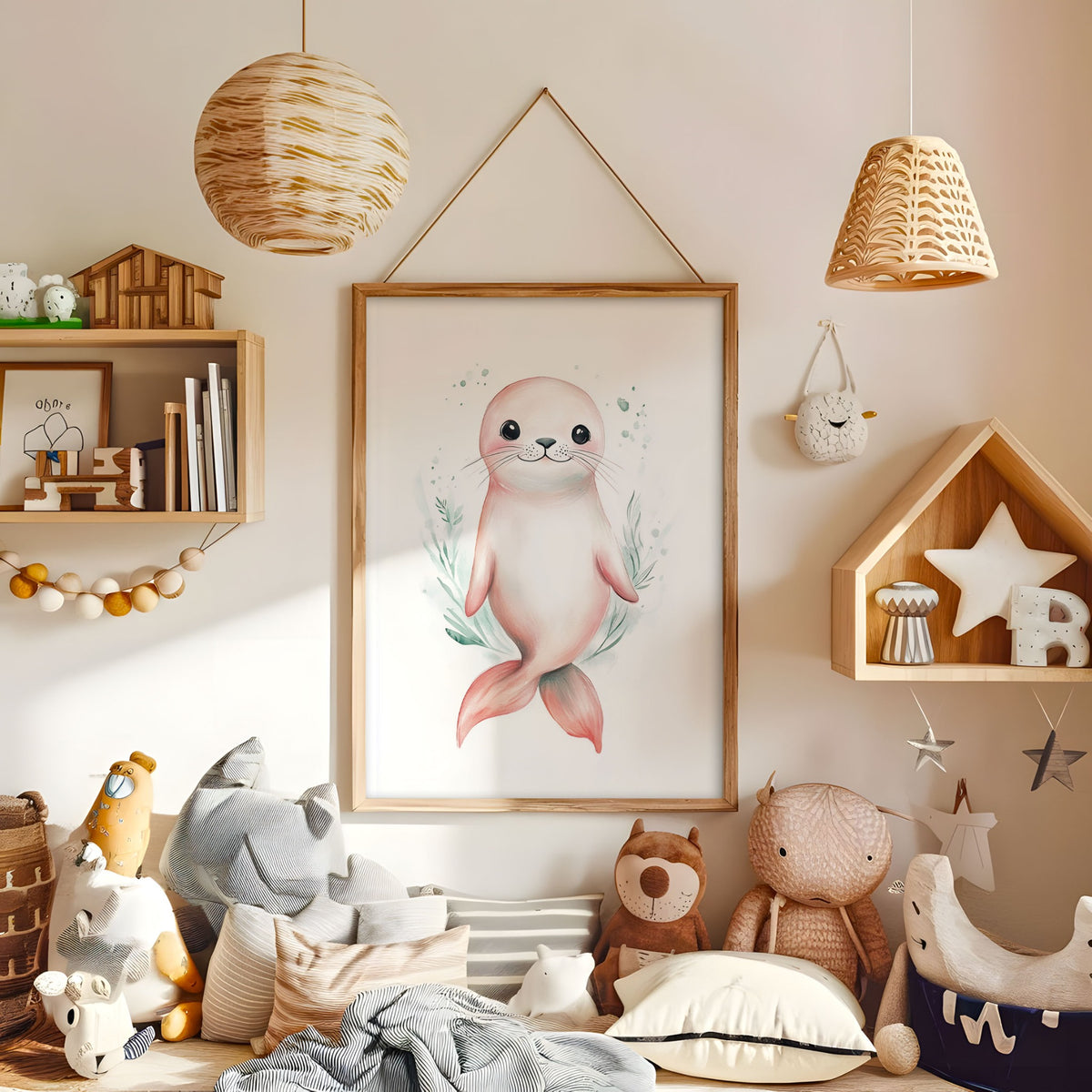 Pink seal nursery print displayed in a warm kids bedroom
