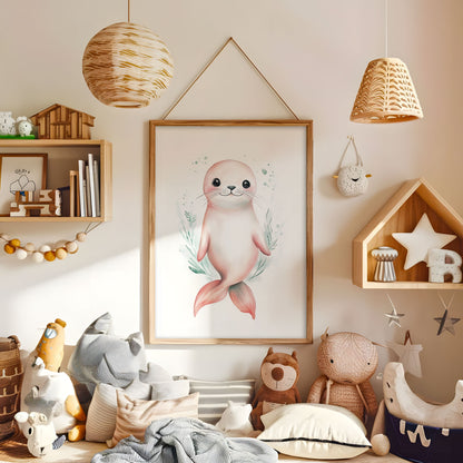 Pink seal nursery print displayed in a warm kids bedroom
