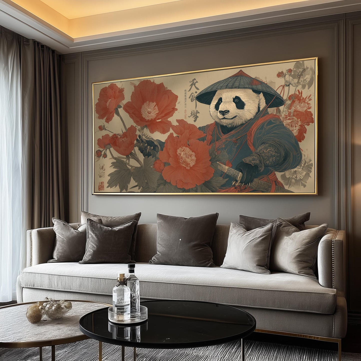 Japanese Panda Print, Ukiyo-e Floral Poster, Panoramic Wall Art Beige Living room Wall Decor