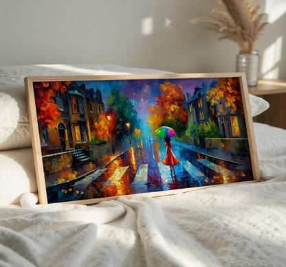 Abbey Road London Print, Rainy London Wall Art, Colourful Umbrella Panoramic Print, Impressionist Oil Painting