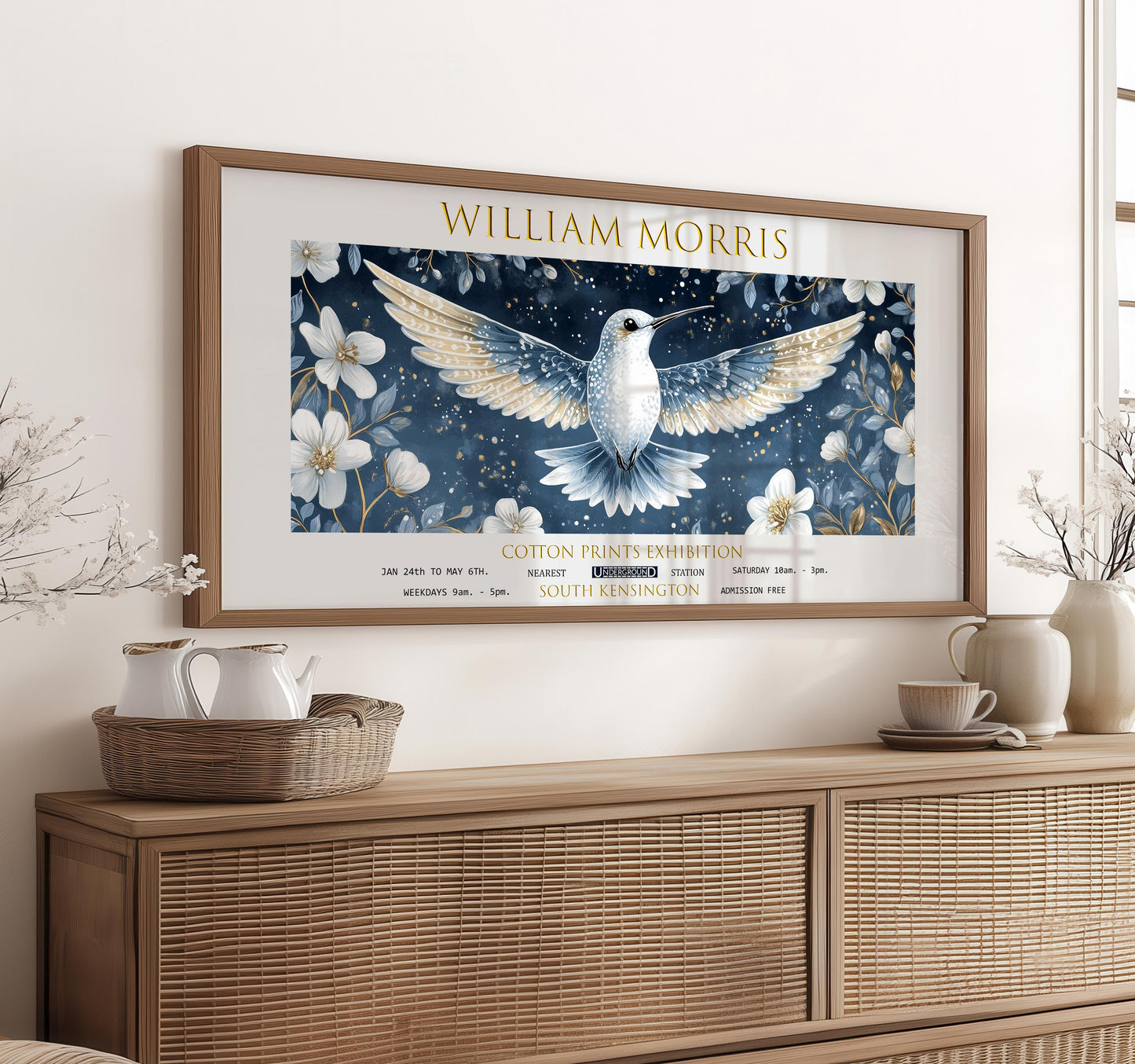 Print, William Morris Hummingbird, Vintage Botanical Panoramic Wall Art