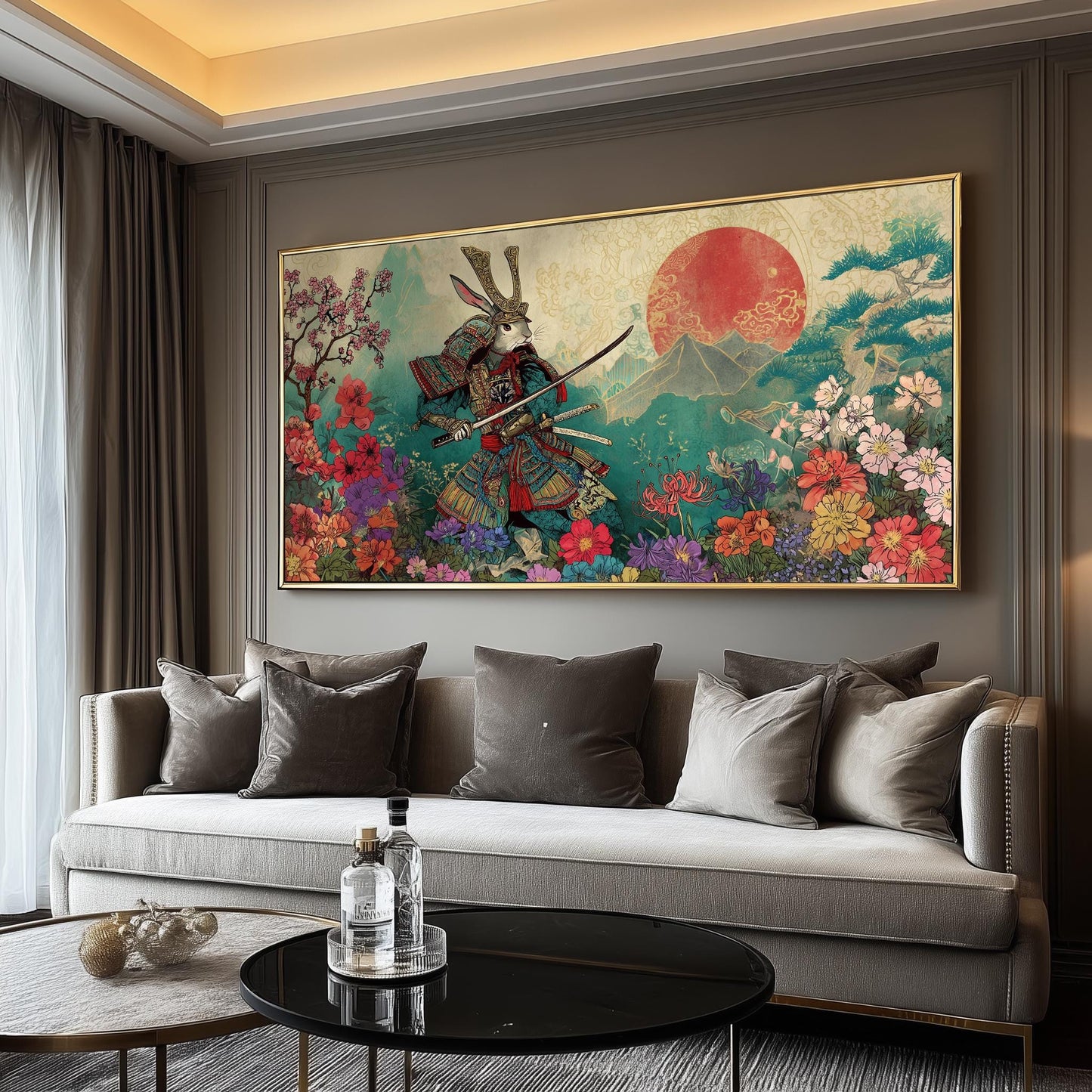 Samurai Rabbit Art Print: Japanese Ukiyo-e, Cherry Blossoms