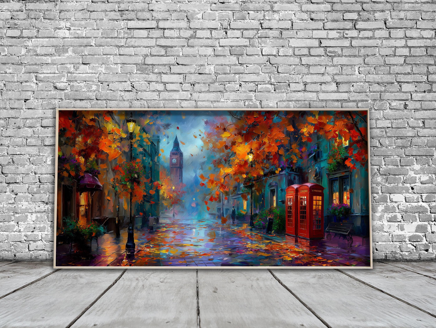 Panoramic London Impressionist Oil Painting – Big Ben – Red Phone Box – Art Print
